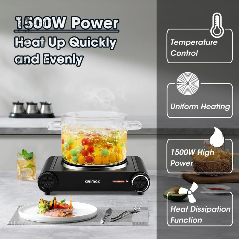 CUSIMAX Hot Plate,1500W Electric Portable Cast Iron Stove with Temperature Controls,Hot Plates for Cooking,Compatible for All Cookwares,Concealed Handle,Easy to Clean - Image 5